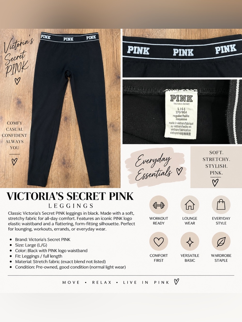 Classic Victoria’s Secret PINK black leggings, size Large (L/G)